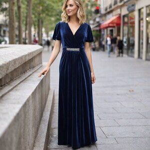 S.L. Fashions NWT Long Flutter Sleeve V Neck Dress Beaded Waist Womens Size 8